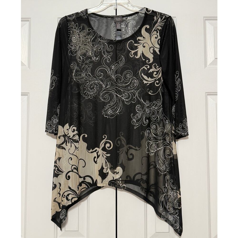 Chico's Travelers Collection Black Baroque Swirl Print Tunic Blouse, Size 1